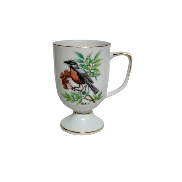 Vintage Bird Pedestal Mugs Set of 3 Robin Sparrow Blue Jay Audubon Style Cups - Picture 4 of 12